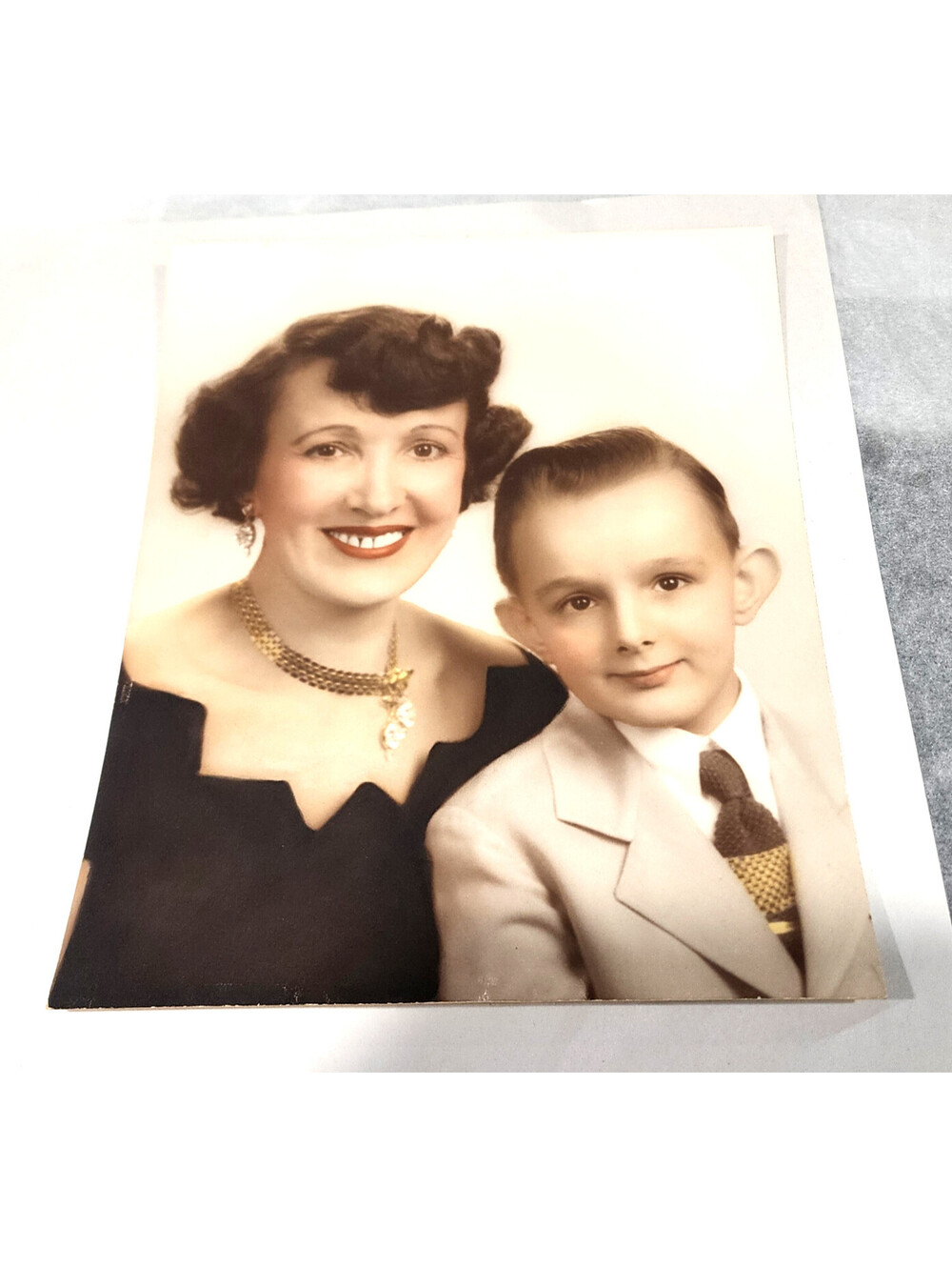 Vtg 1950s Mother Son Portrait Photo Hand Tinted Buffalo NY Wm Hengerer Studio